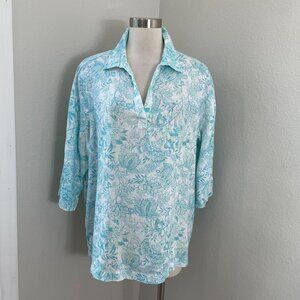 Sigrid Olsen Womens Plus 1X 100% Linen Side Button Top Floral Turquoise White